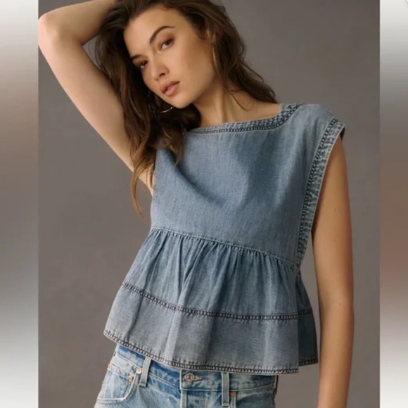 Anthropologie Tops - Pilcro Anthropologie Tiered Sleeveless Chambray Top
